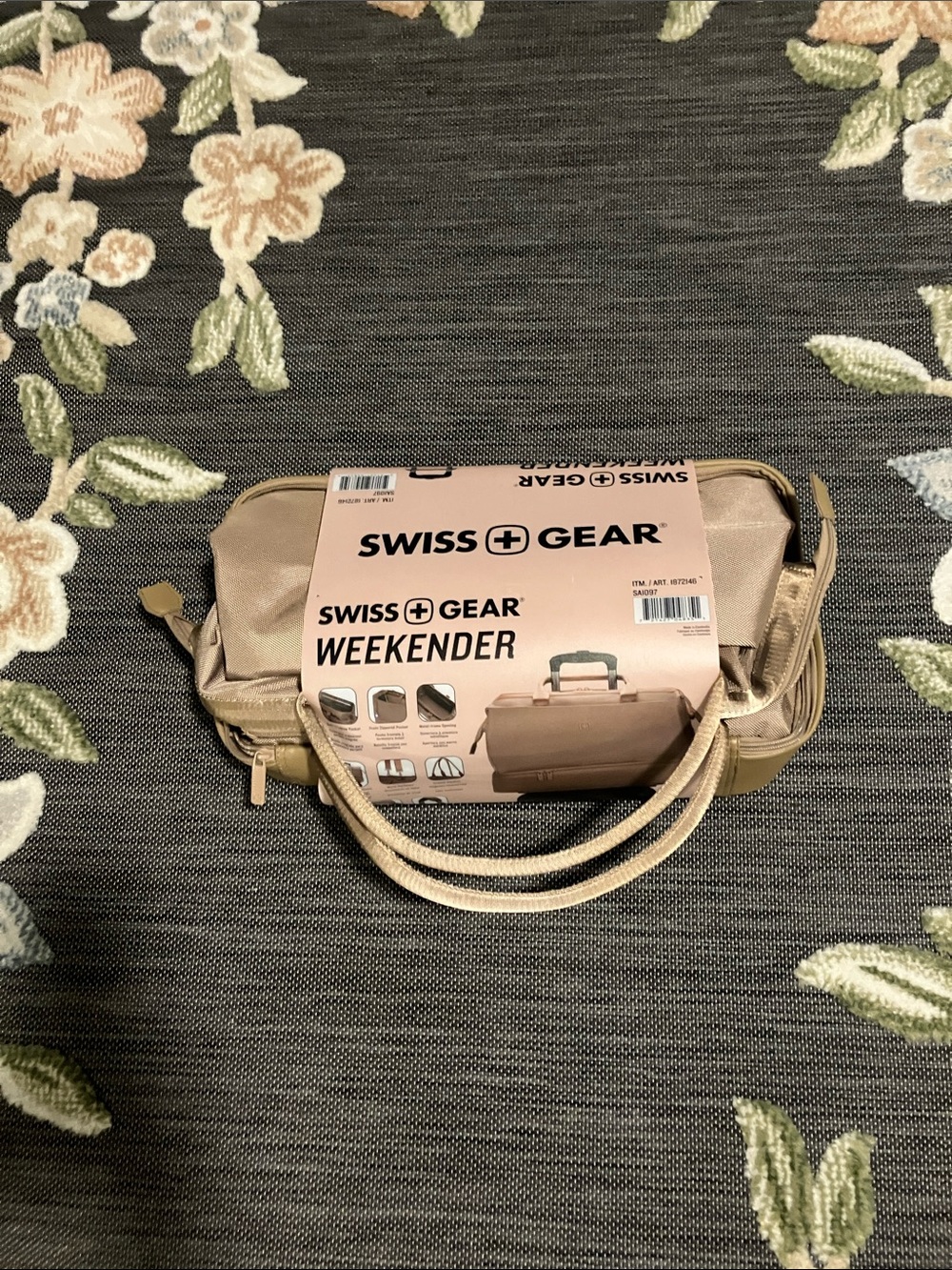 SwissGear Beige Weekender Travel Bag with Tan Handles-measurements in photo